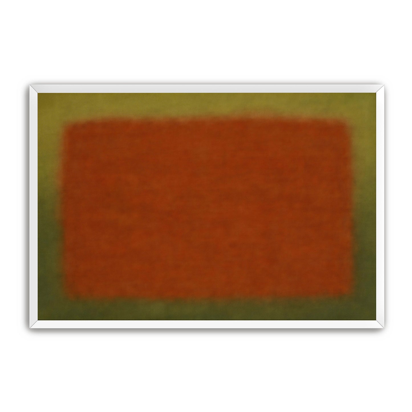 Close view of abstract rust and olive color field print in a white frame