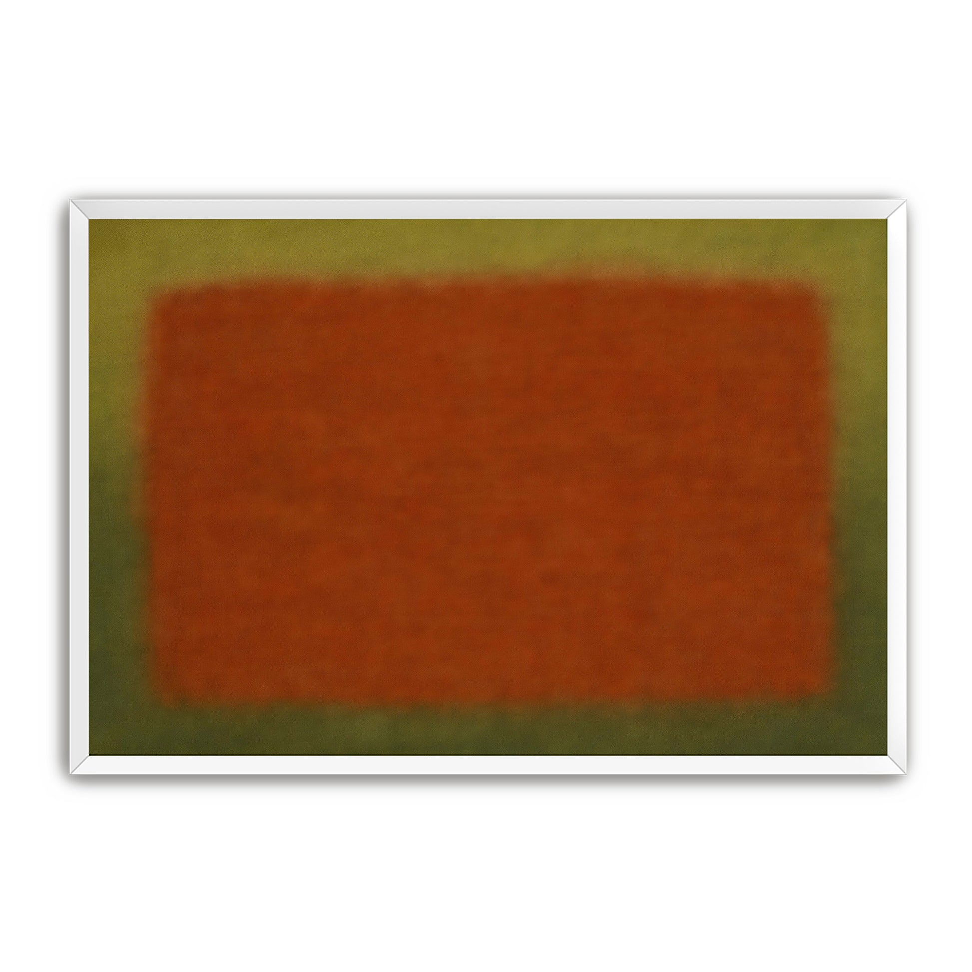 Close view of abstract rust and olive color field print in a white frame
