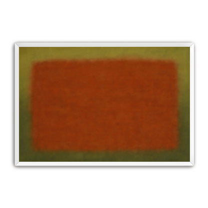 Close view of abstract rust and olive color field print in a white frame