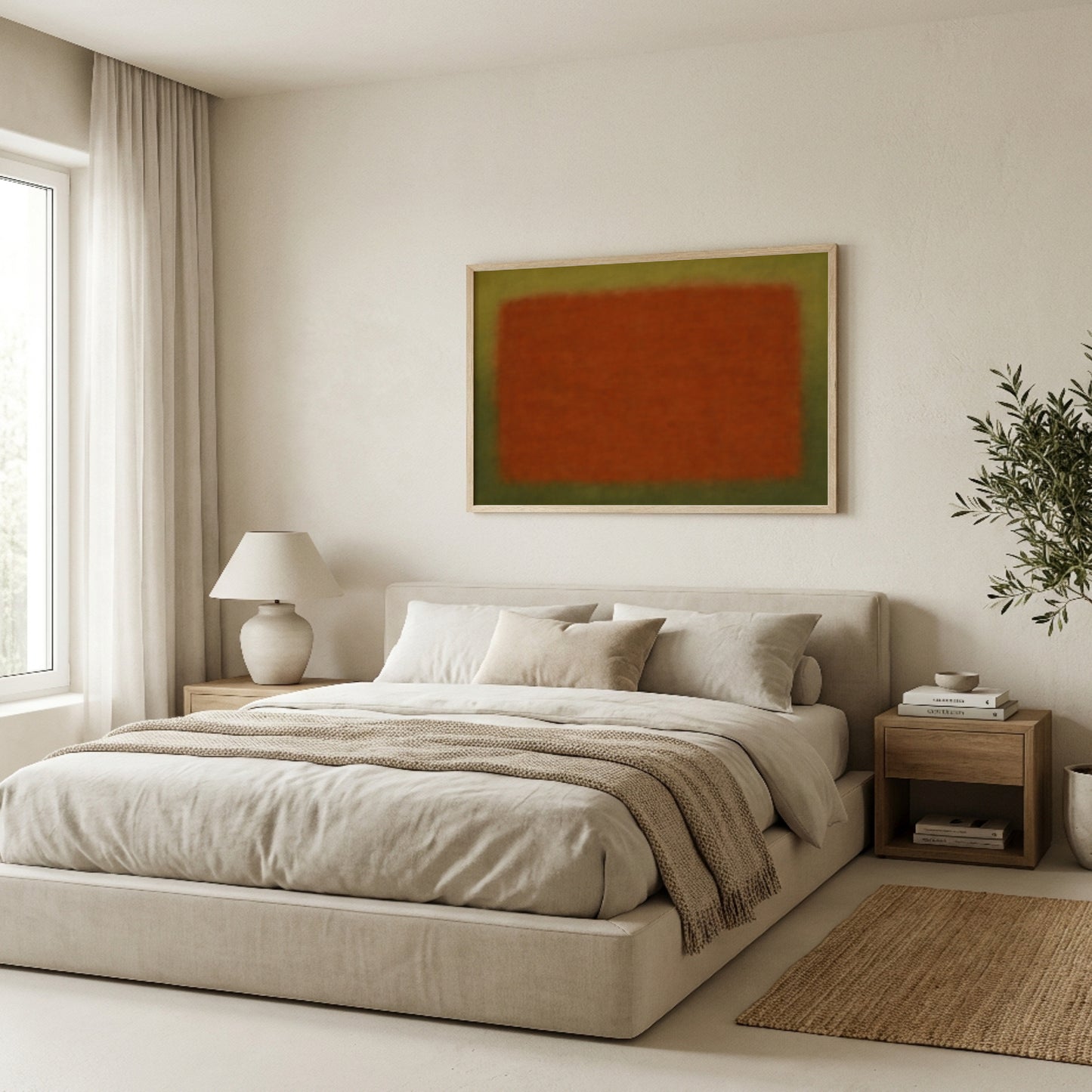 Minimal abstract rust and olive wall art in a clean home office setting