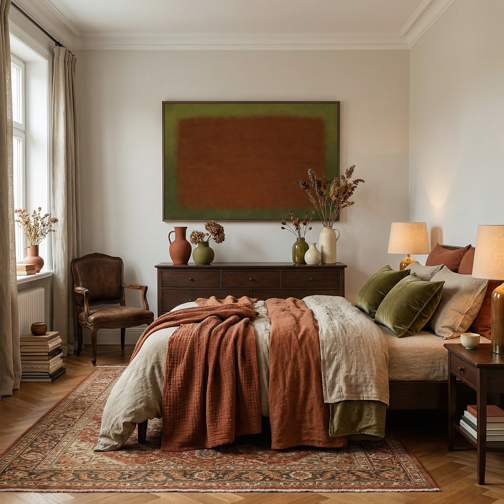 Abstract rust and olive wall art styled in a warm earthy bedroom