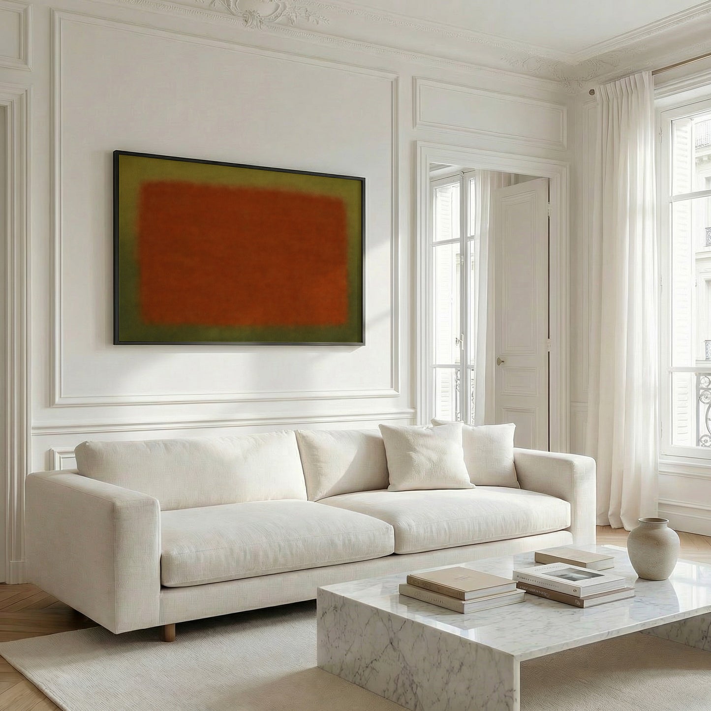 Minimal abstract color field wall art in a bright living room styled space