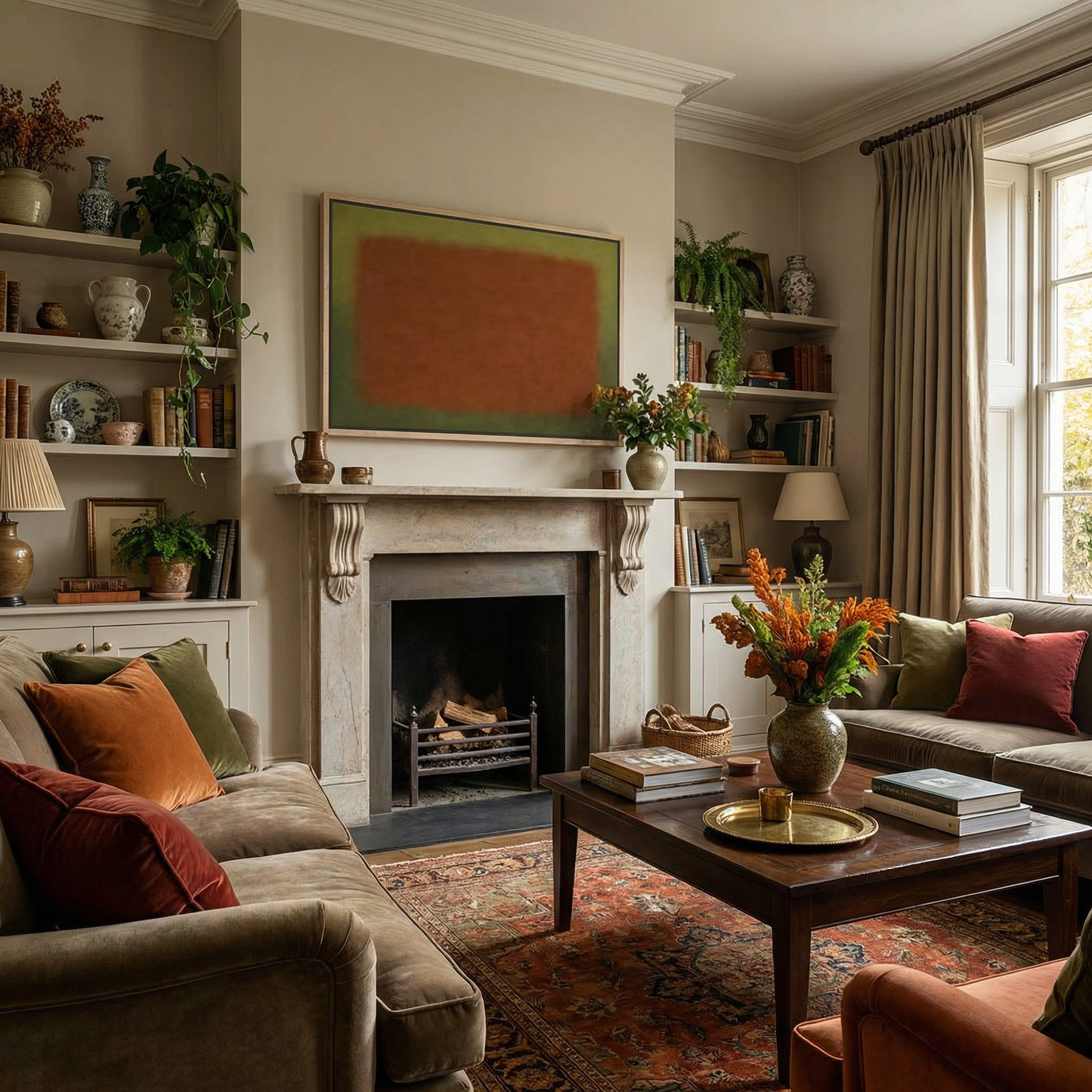 Abstract rust and olive color field wall art in a cozy living room with plants