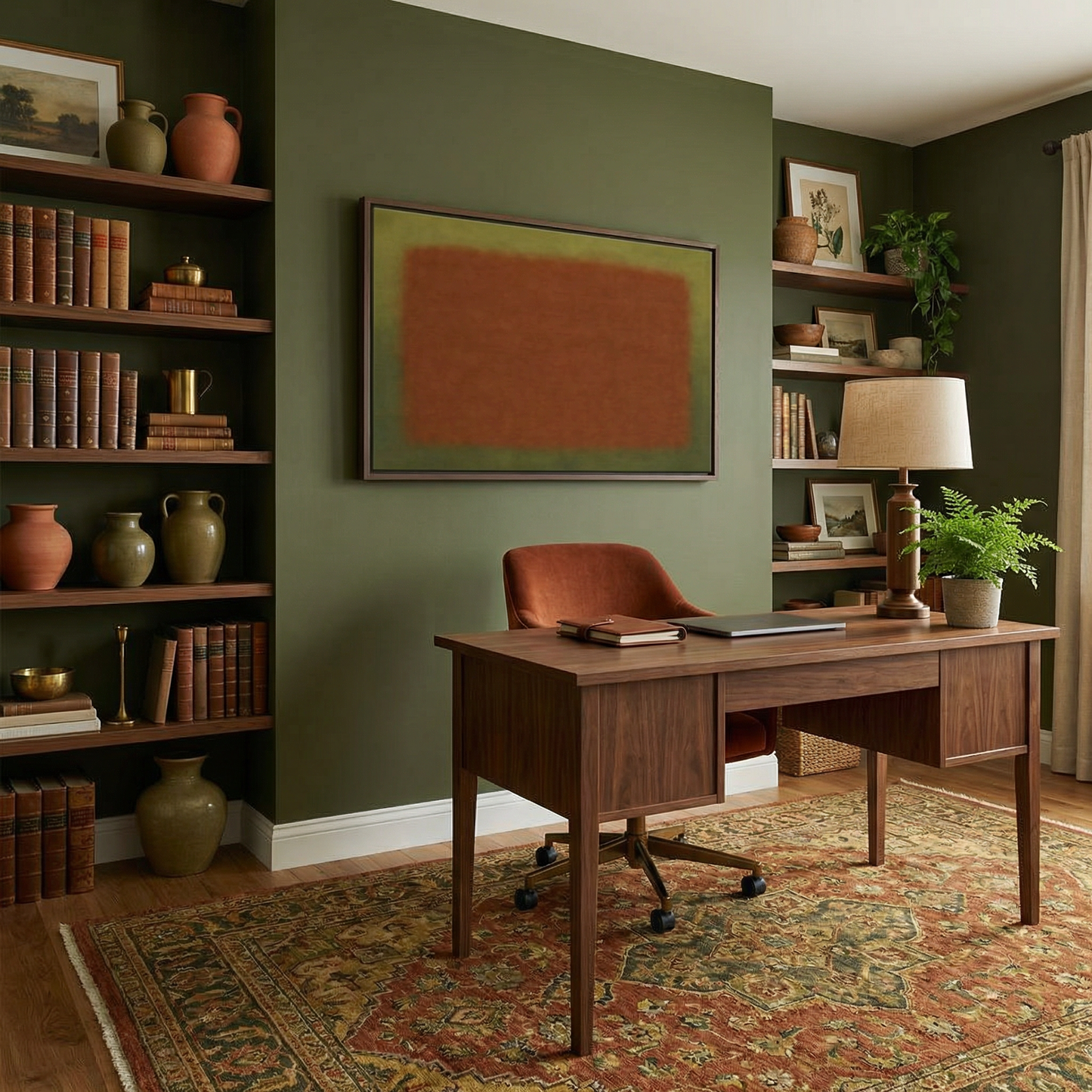 Abstract rust and olive wall art in a study with bookshelves and green walls
