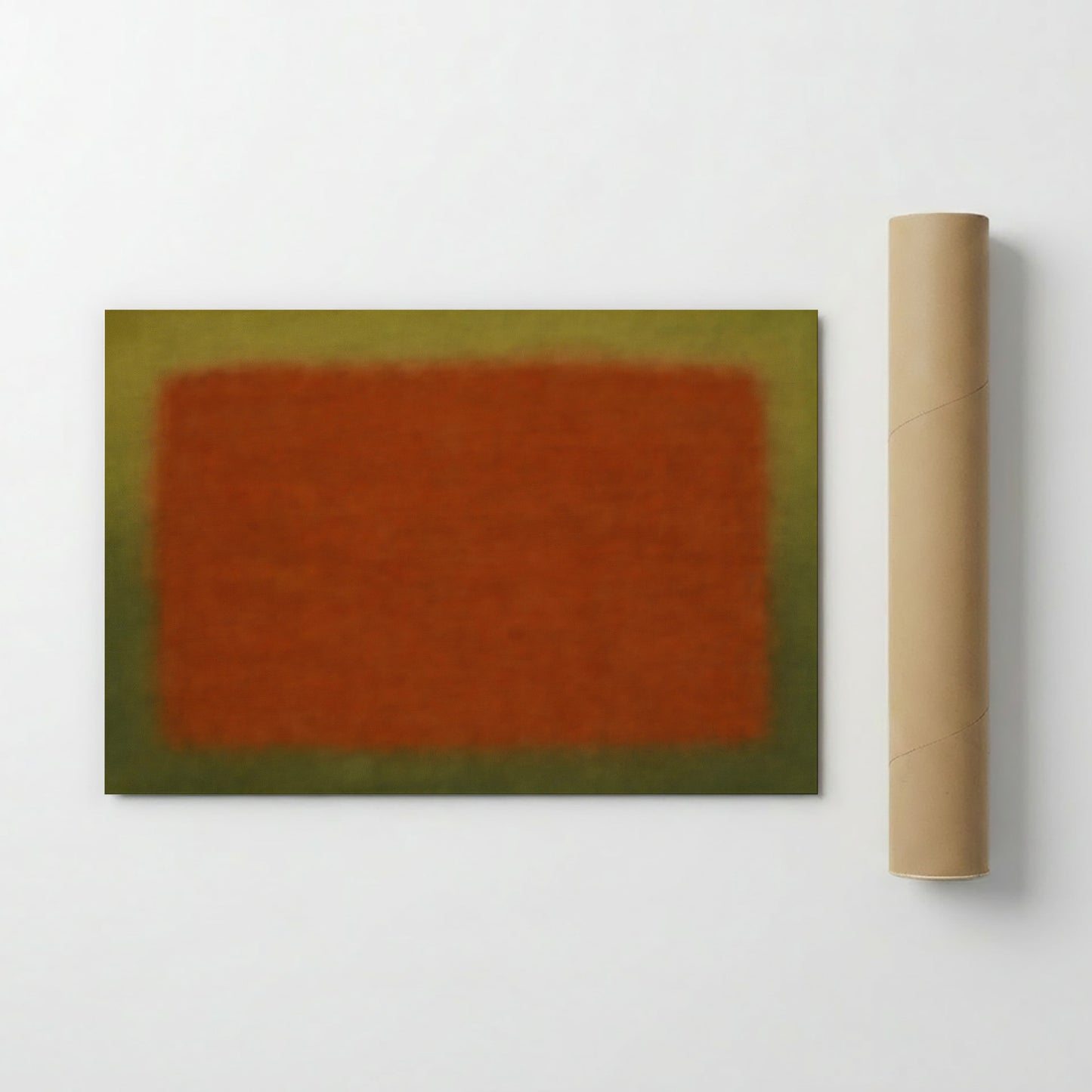 Minimal abstract rust and olive print shown with shipping tube packaging
