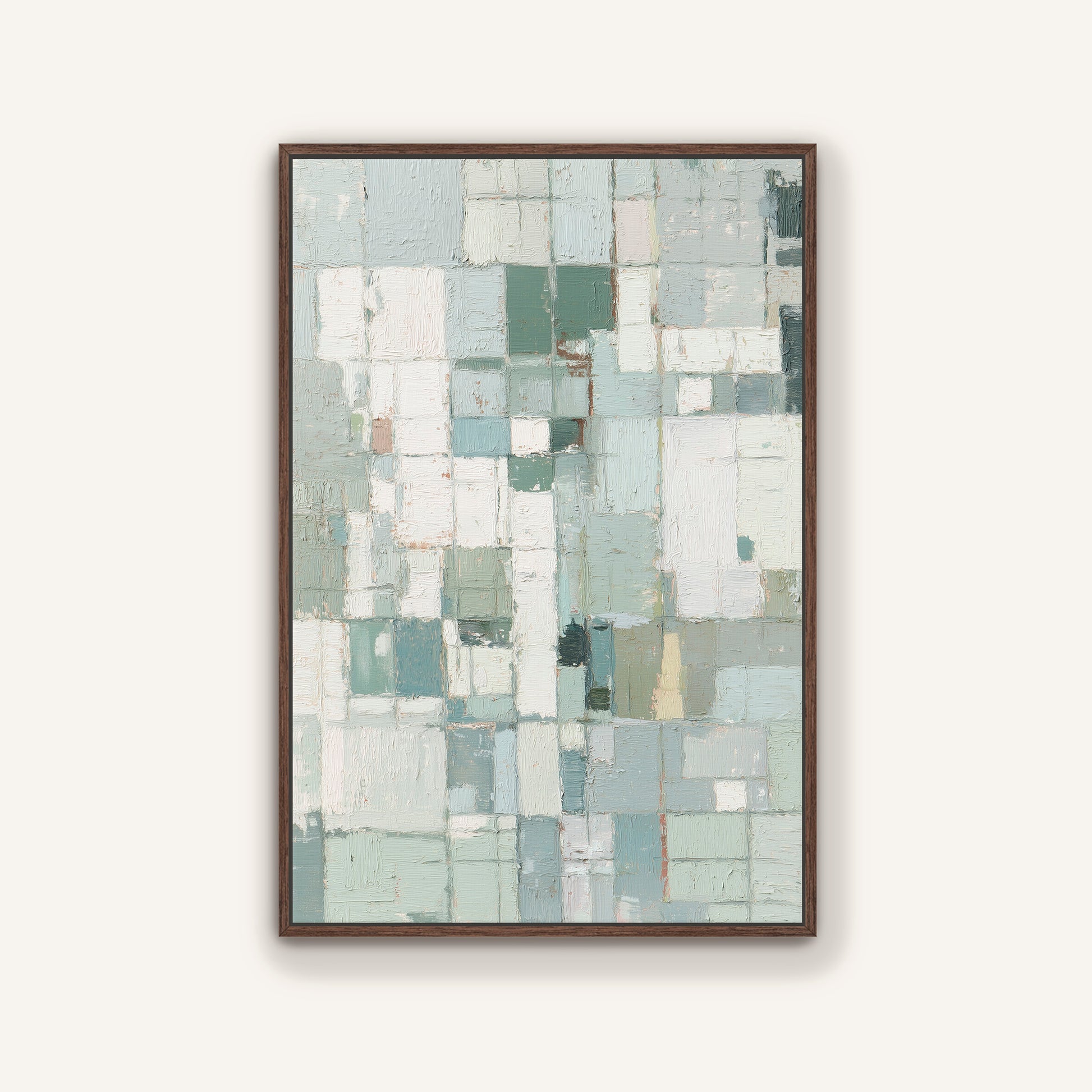 Espresso framed abstract geometric art with muted pastel block design.