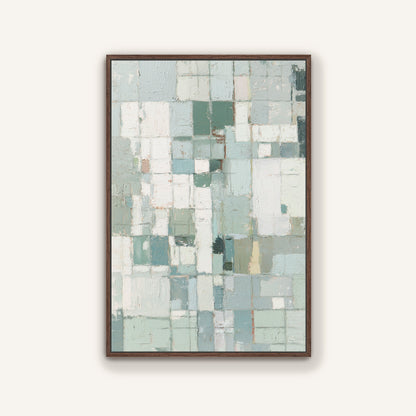 Espresso framed abstract geometric art with muted pastel block design.