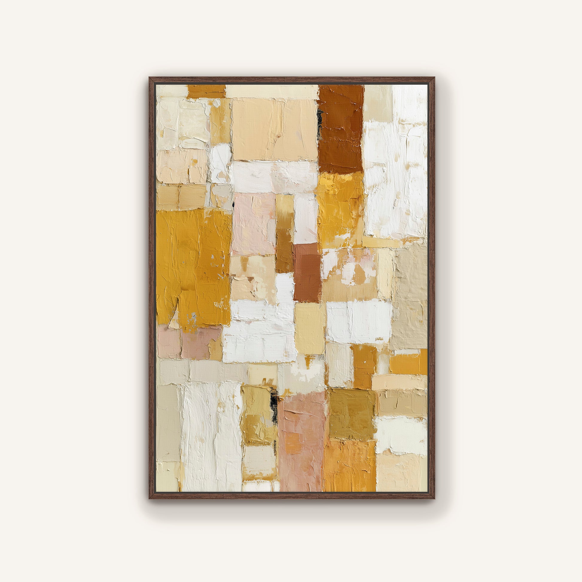 Neutral abstract canvas wall art in wooden frame.