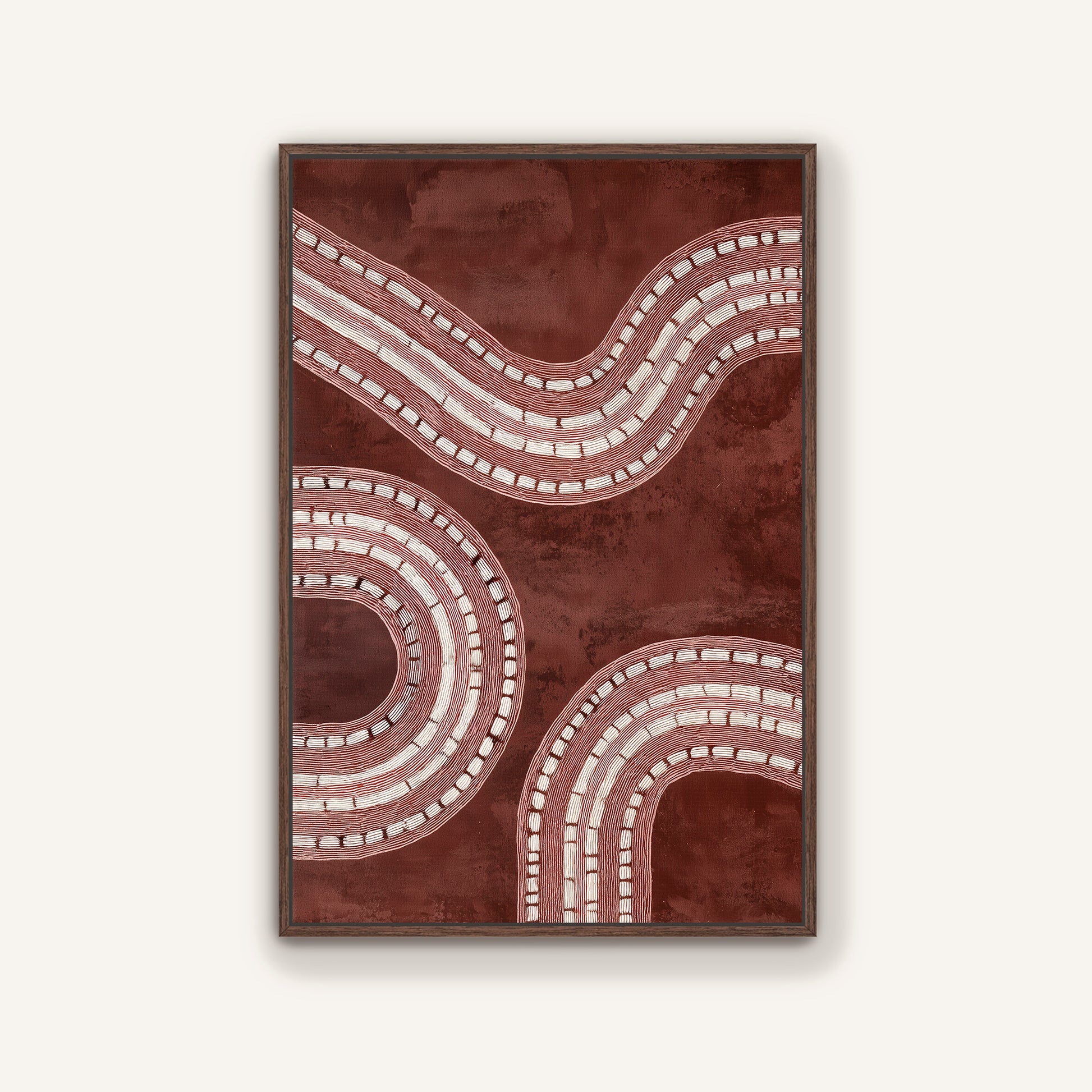 Abstract burgundy wall art with espresso color wooden frame.