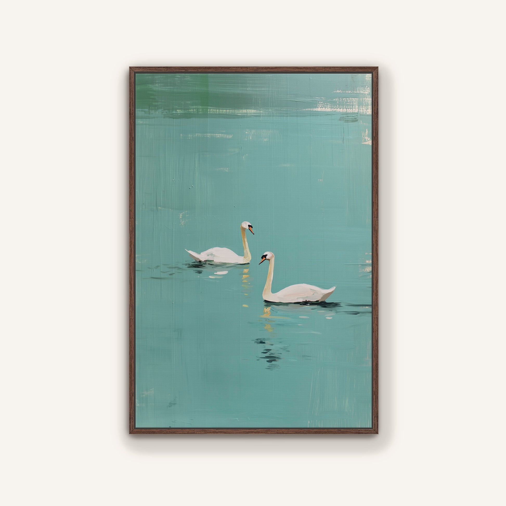 Espresso framed artwork of two swans on a lake with a wooden frame.
