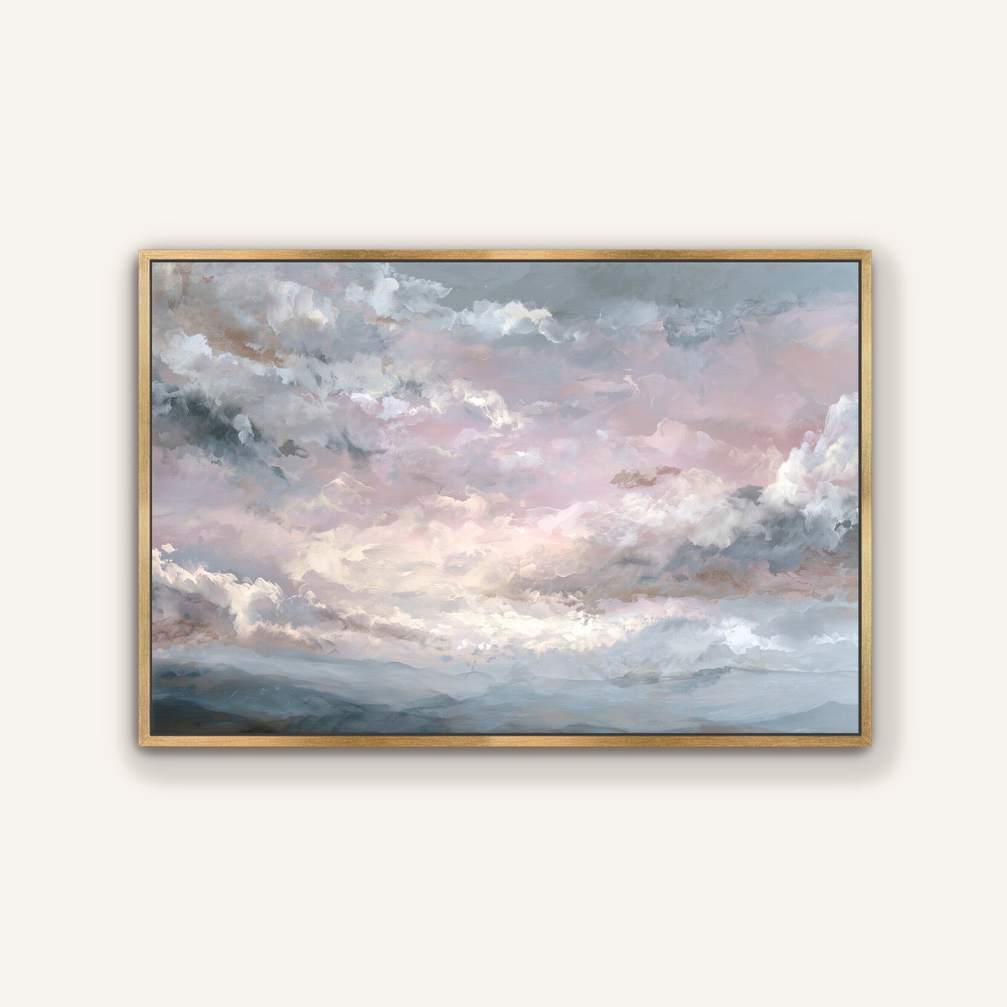 Dreamy pastel cloud artwork in a gold floating frame.