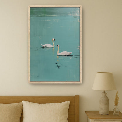 Oak framed Evara swan wall art above wooden bed, calming modern bedroom decor with turquoise tones.