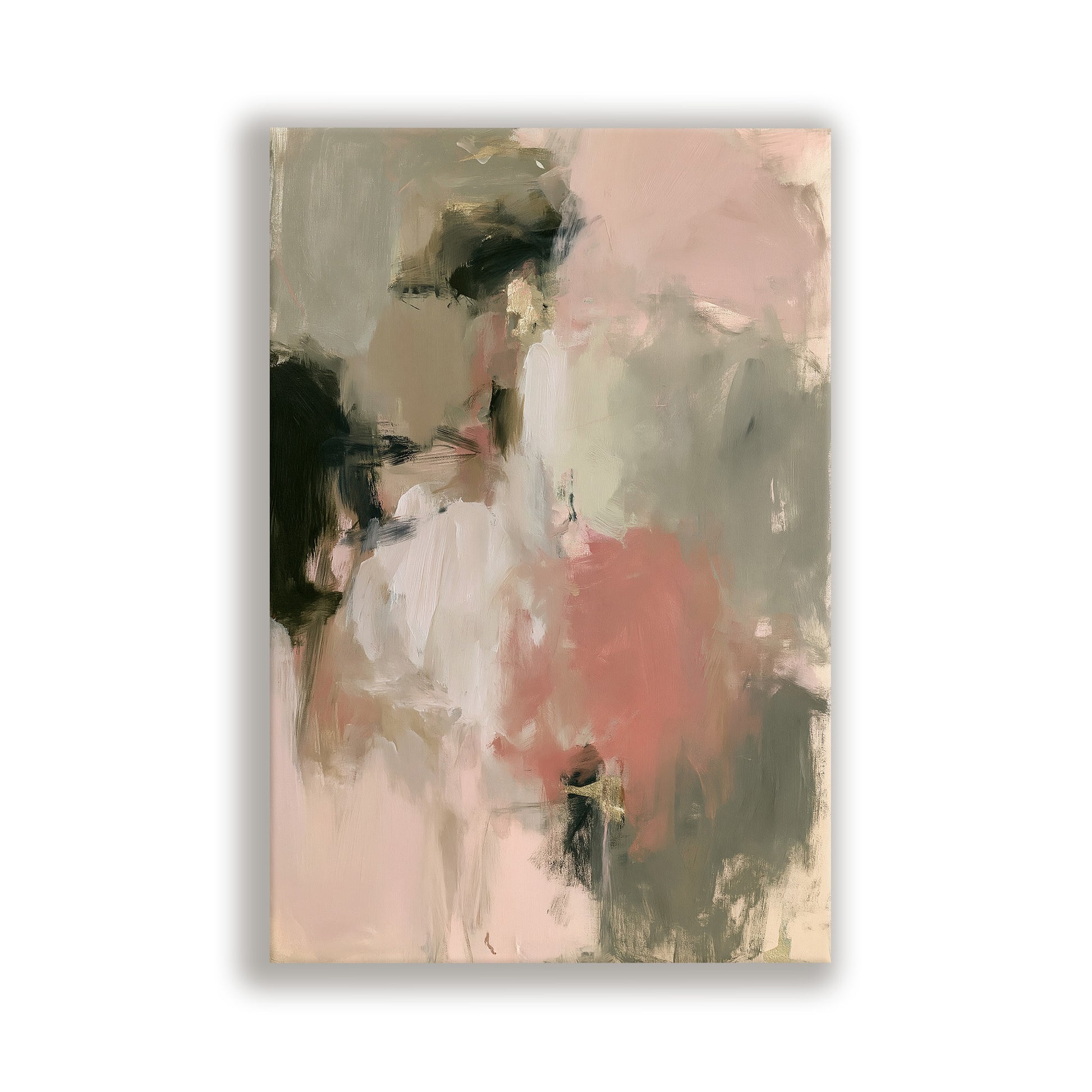 The image is an abstract painting with a mix of pink, green, and black colors.