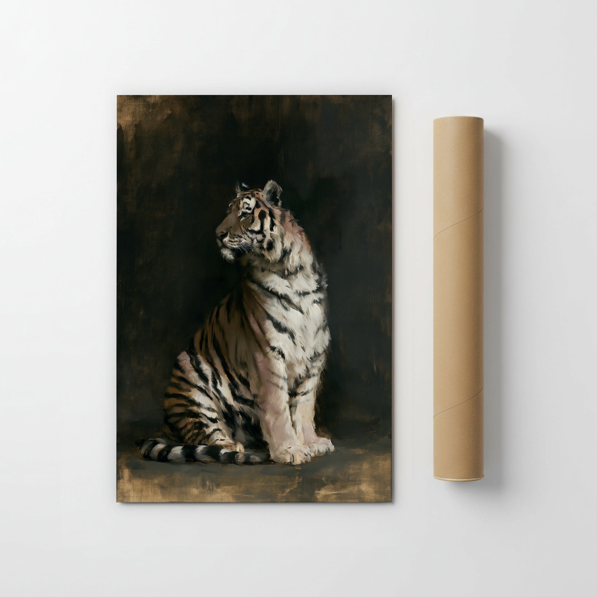 A painting of a tiger sitting on a dark background, with a roll of paper on the right side of the frame.