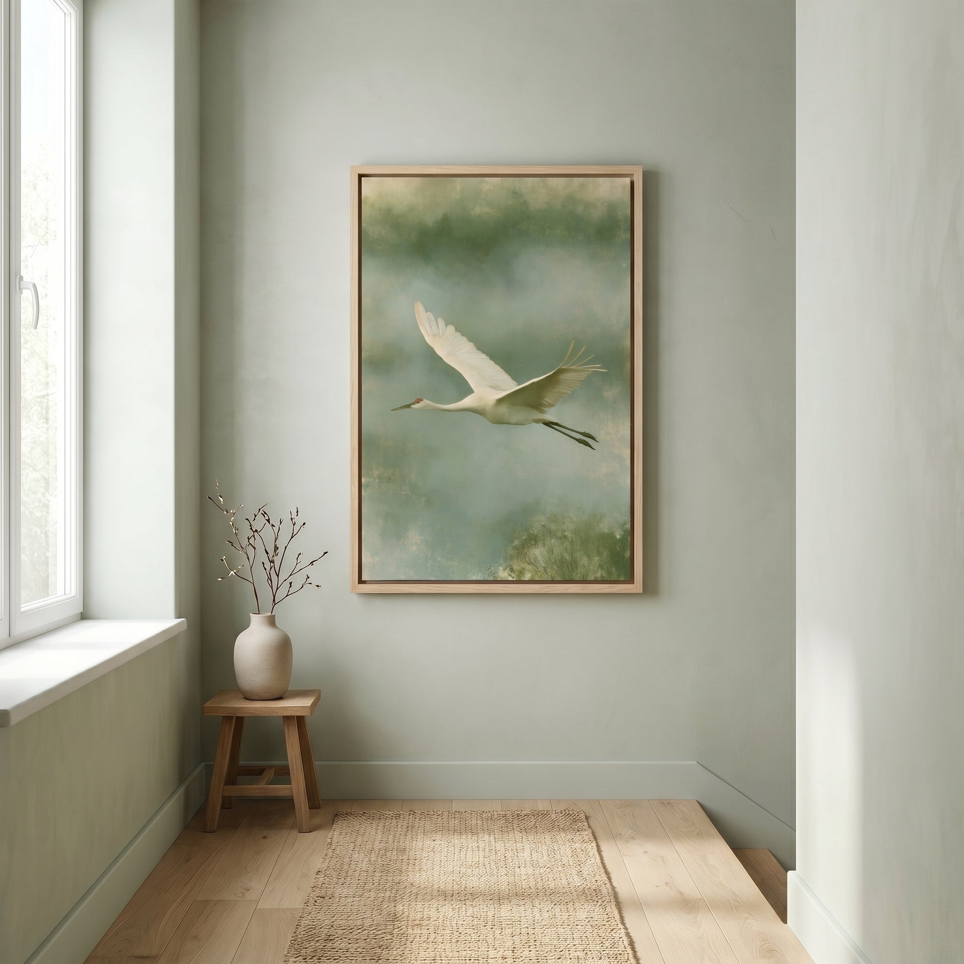 a serene indoor setting with a large painting of a crane in flight hanging on the wall, a small wooden table with a vase of branches, and a rug on the floor.