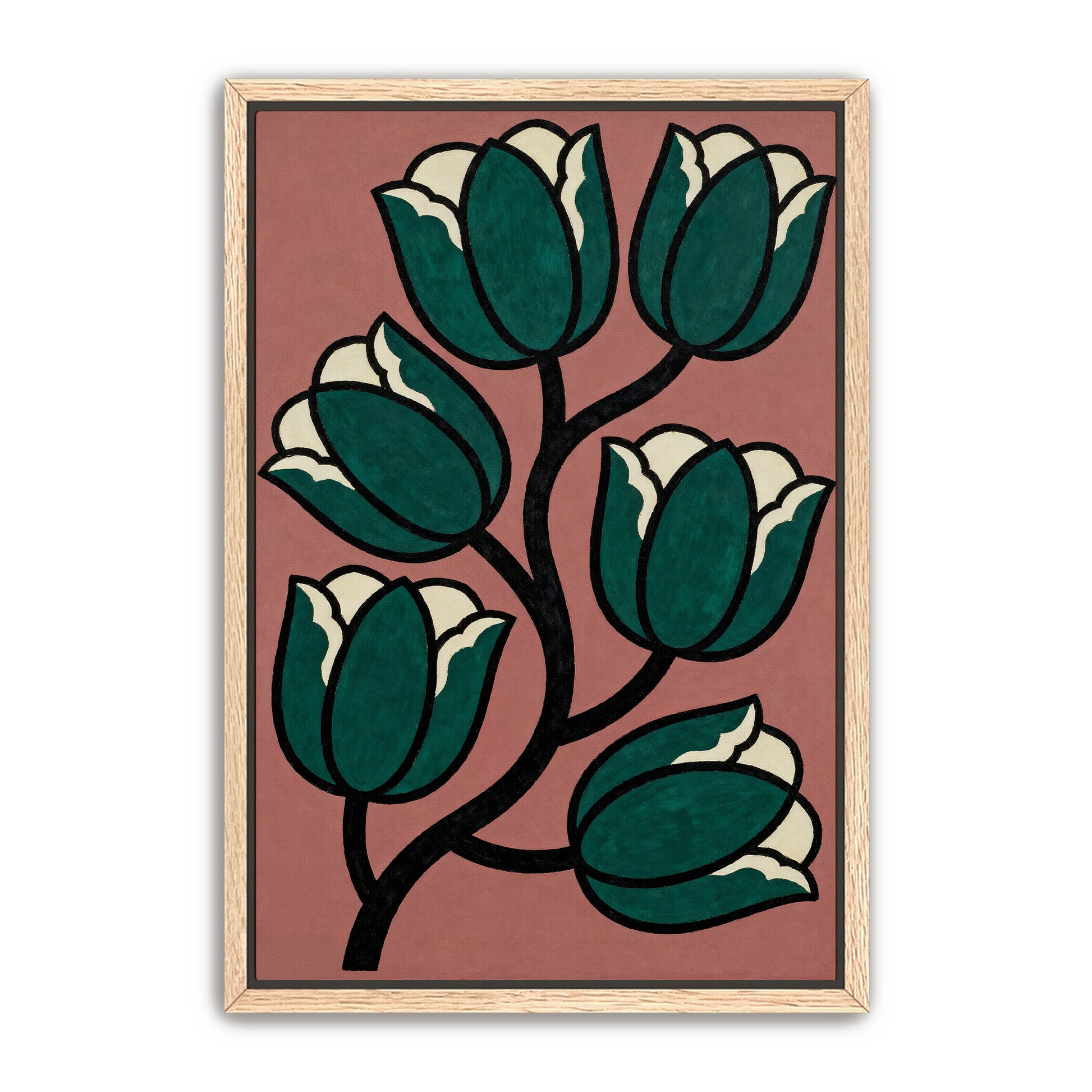The image is a framed painting depicting a stylized arrangement of green tulips with white centers against a pink background.