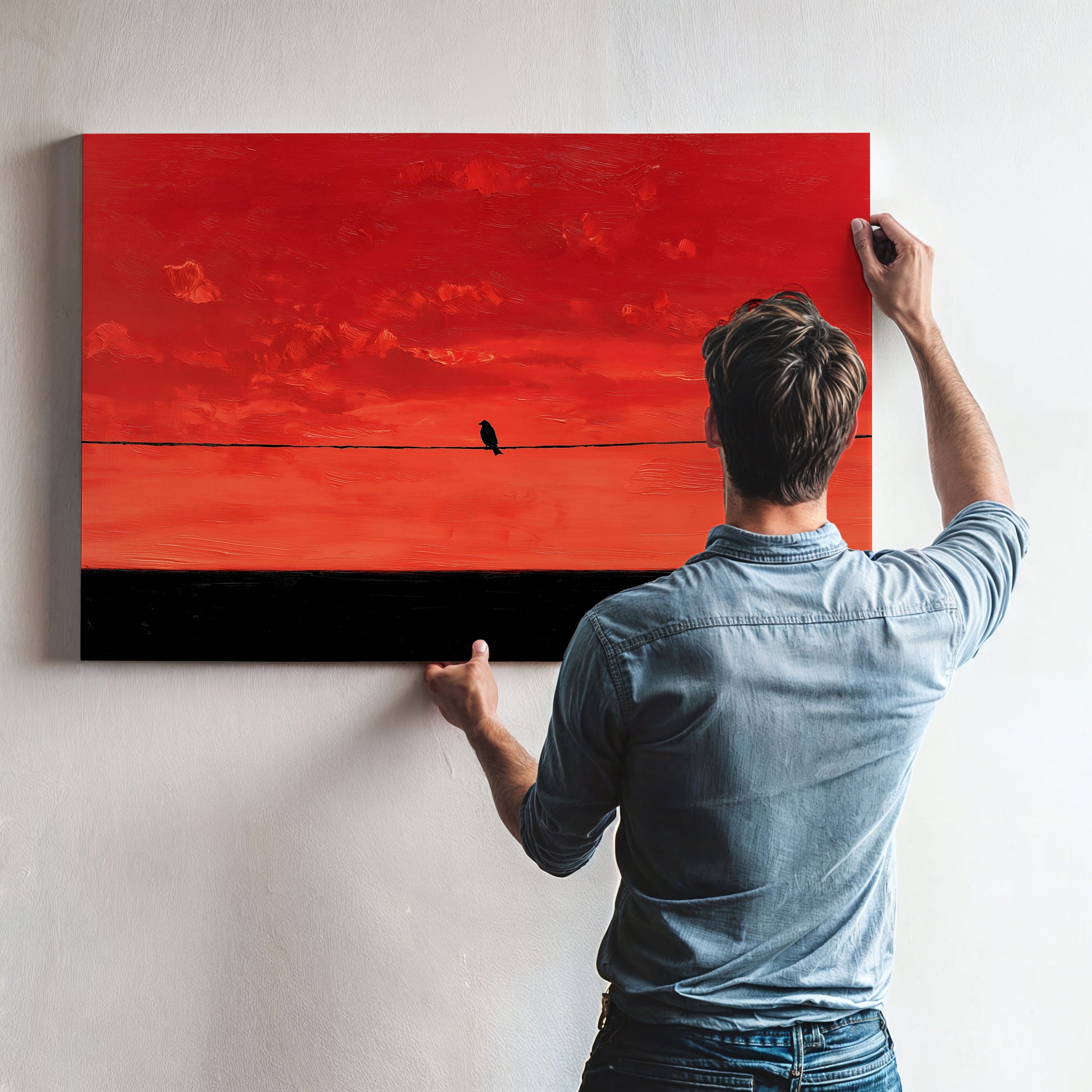 A man is hanging a large painting on a wall, which features a red sky with a bird perched on a wire.