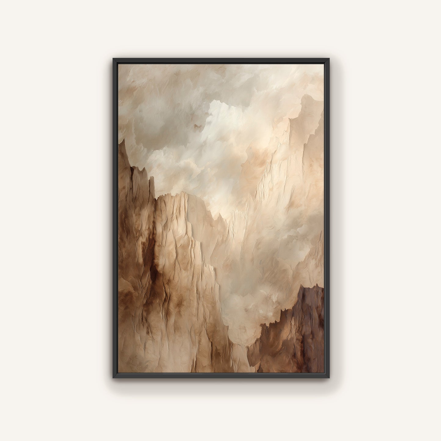 The image is a framed painting depicting a landscape with a cloudy sky and mountains in the background.