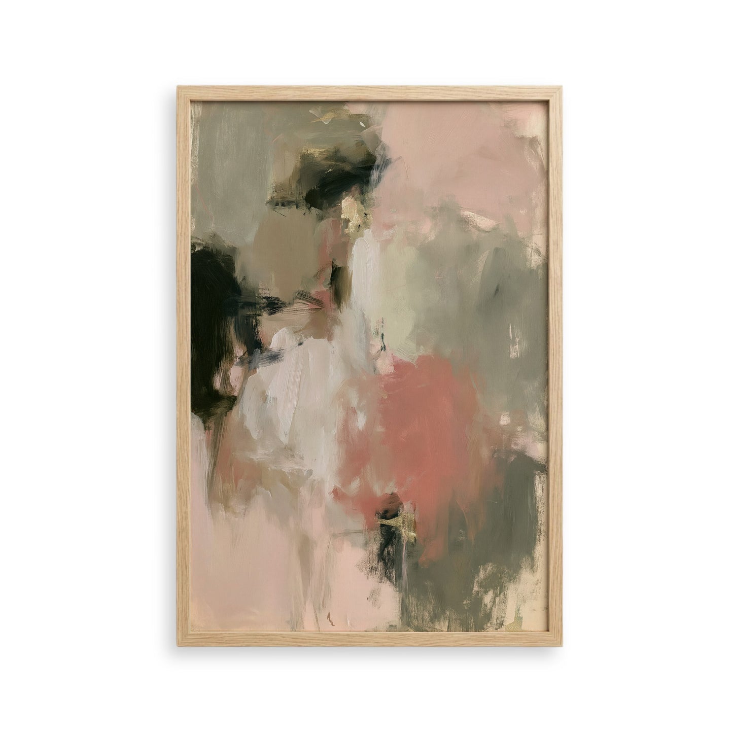 The image is an abstract painting with a mix of pink, green, and black colors.