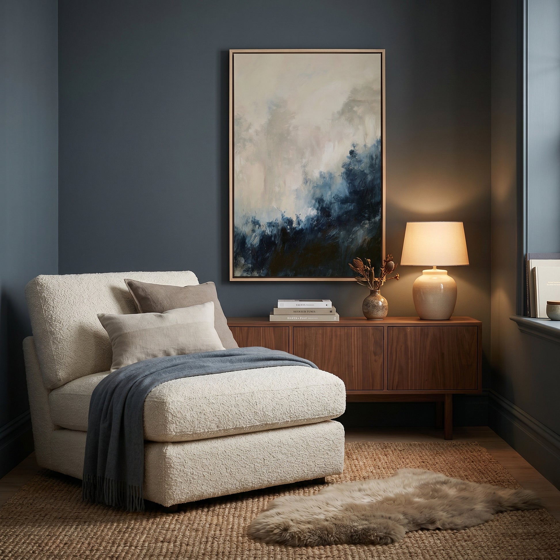 a cozy living room with a plush white sofa, a wooden side table with a lamp, and a large abstract painting on the wall.