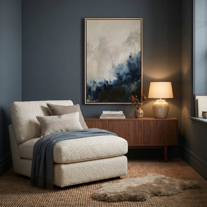 a cozy living room with a plush white sofa, a wooden side table with a lamp, and a large abstract painting on the wall.