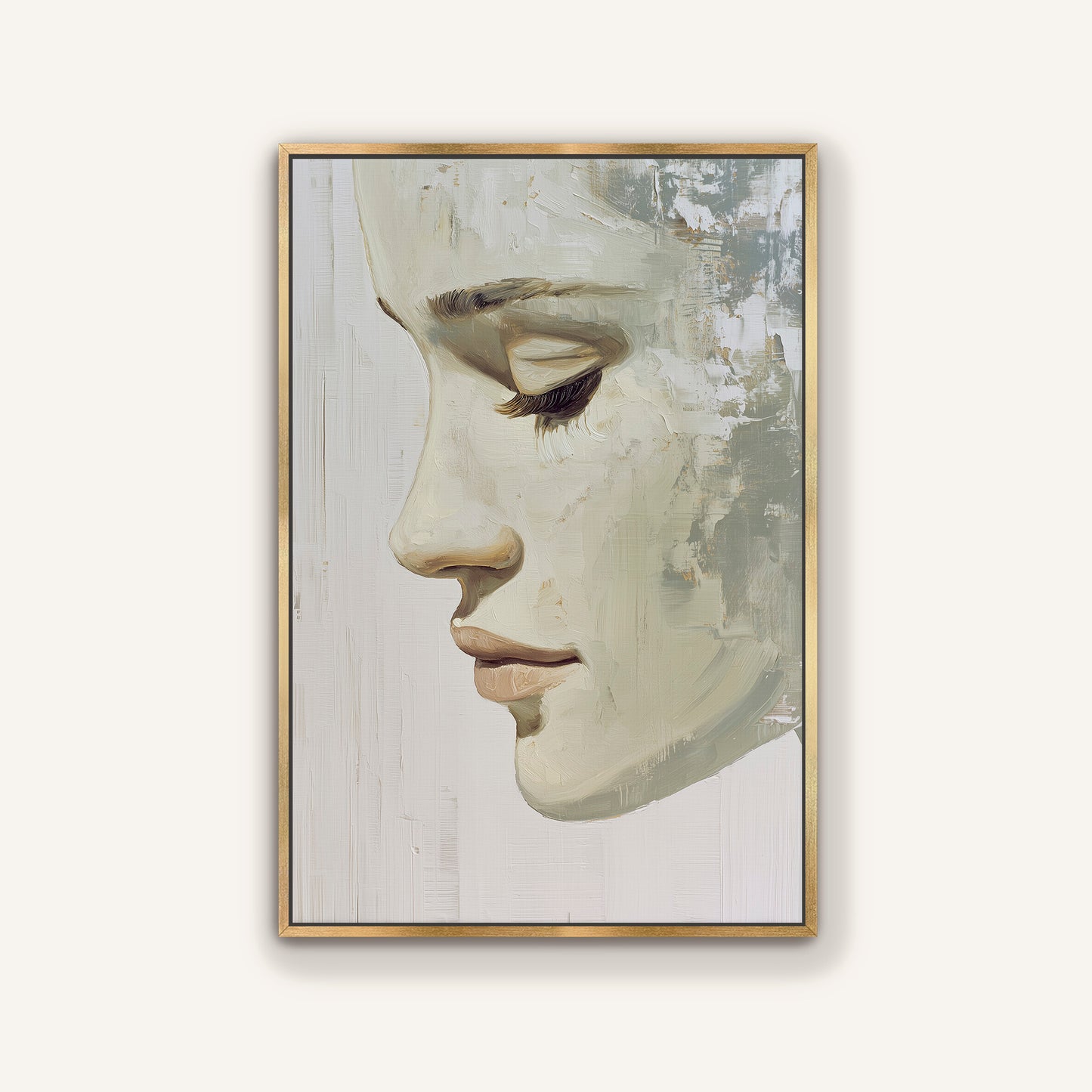 The image is a framed painting depicting a close-up of a woman's face, with a neutral color palette and a minimalist style.
