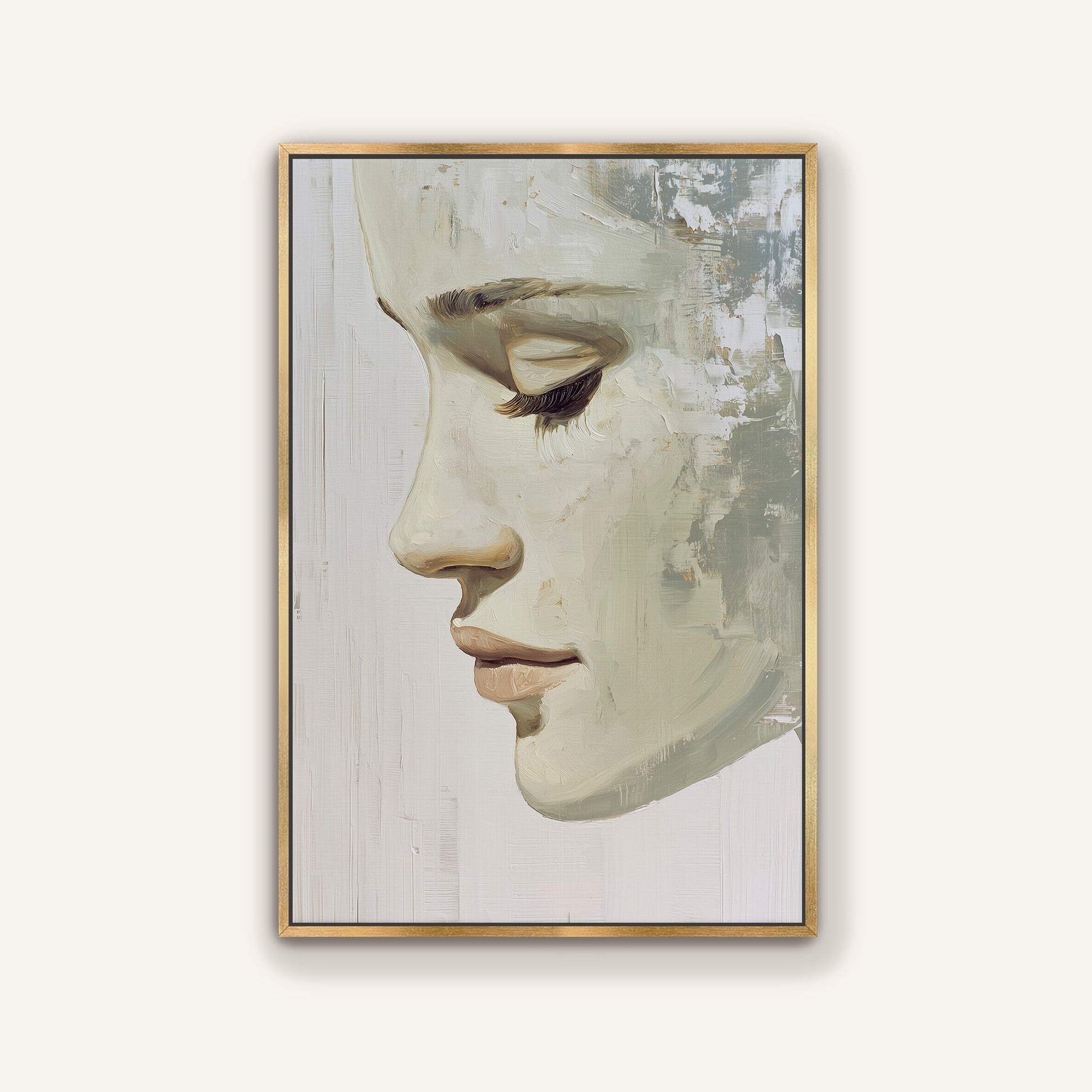 The image is a framed painting depicting a close-up of a woman's face, with a neutral color palette and a minimalist style.