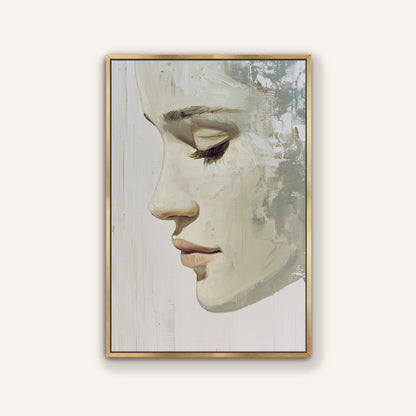 The image is a framed painting depicting a close-up of a woman's face, with a neutral color palette and a minimalist style.