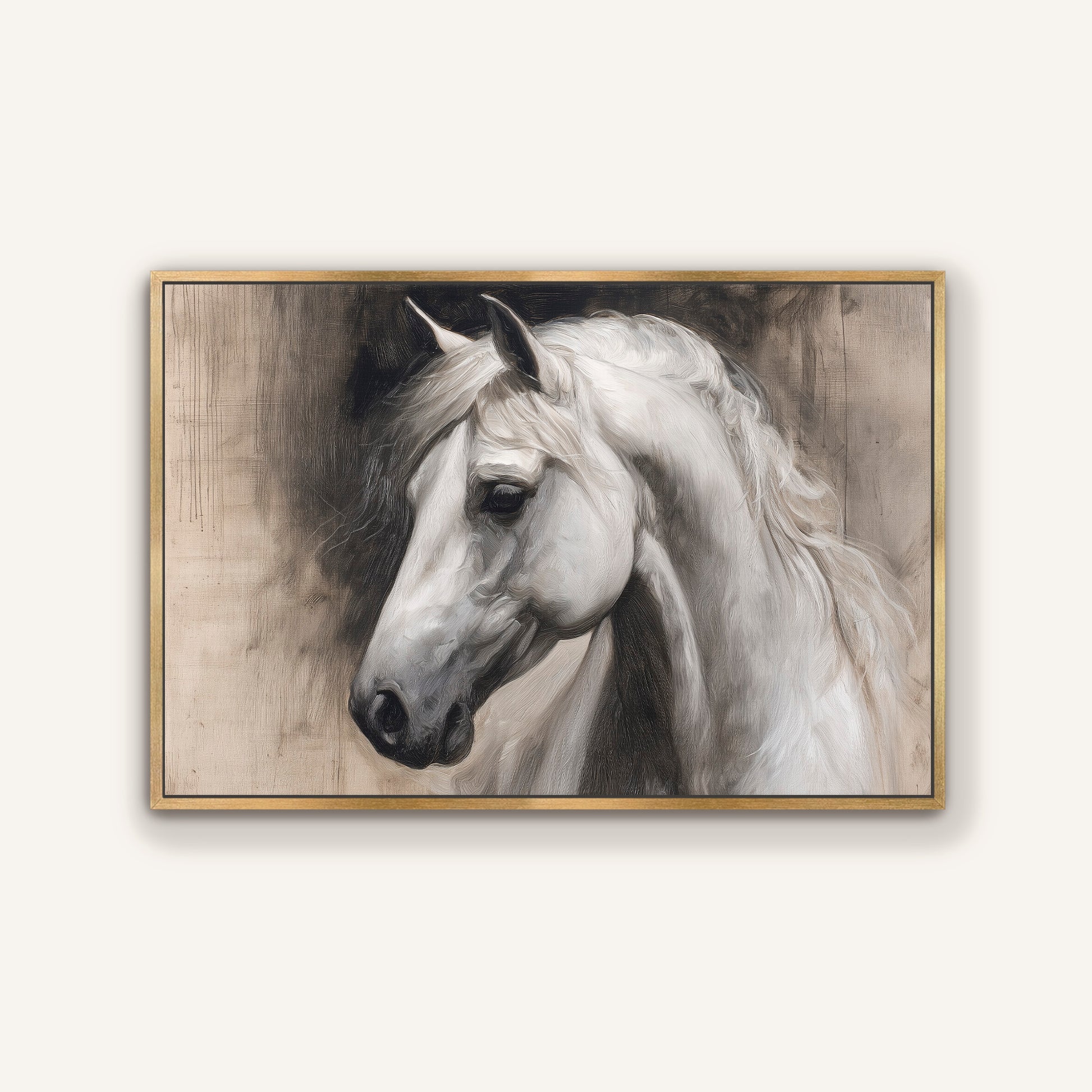 A black and white portrait of a horse, with its head turned to the side and flowing mane.