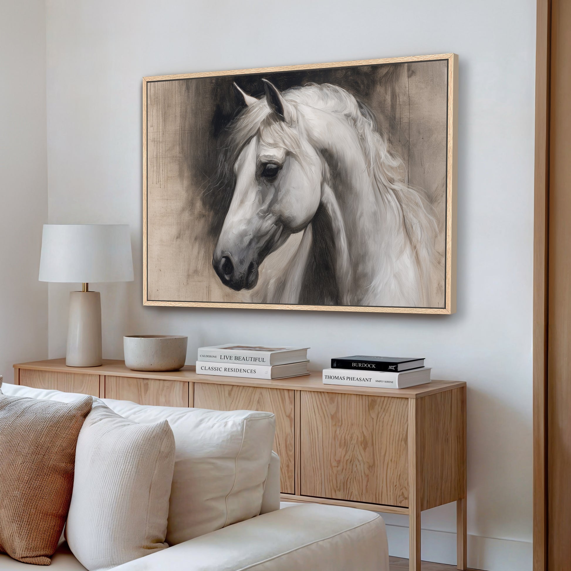 a large framed painting of a white horse on a wall in a living room setting.