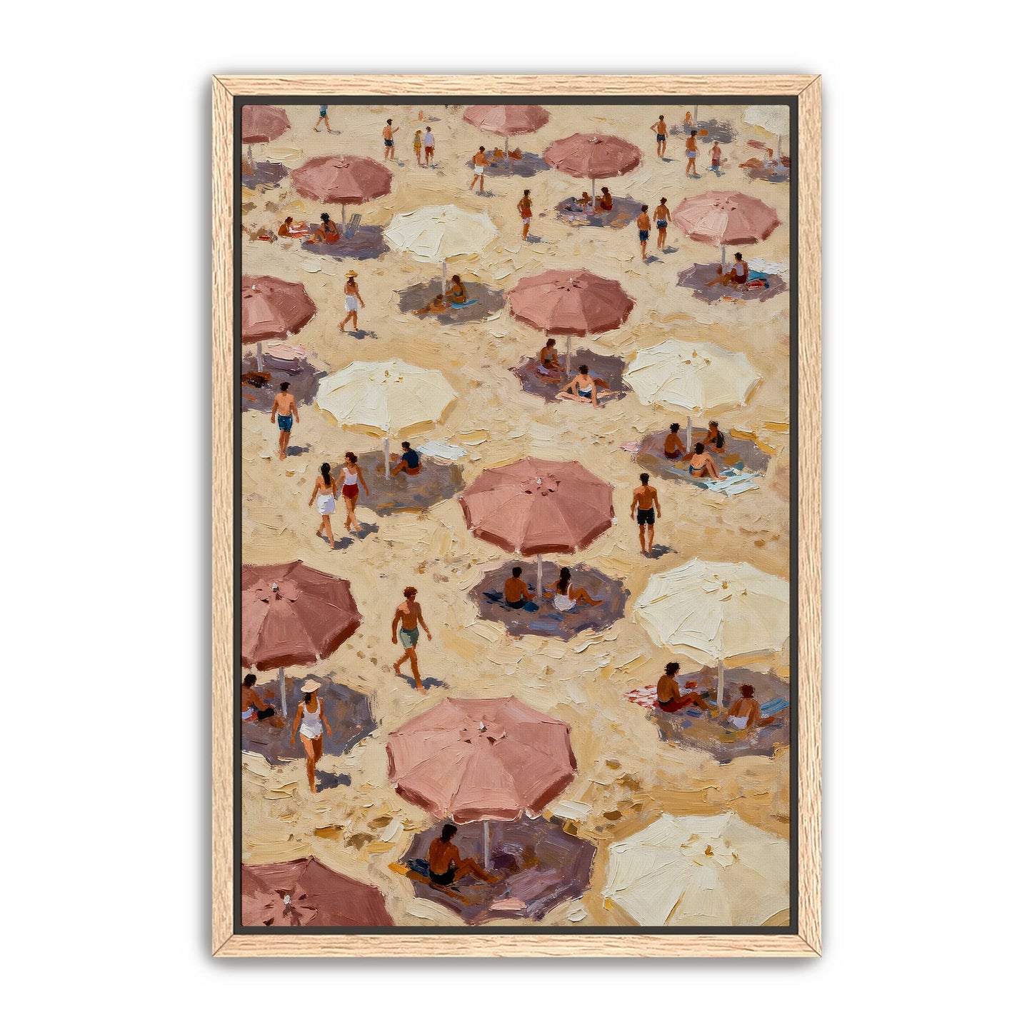 The image is a painting depicting a crowded beach scene with numerous people and umbrellas.