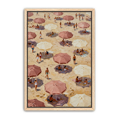 The image is a painting depicting a crowded beach scene with numerous people and umbrellas.