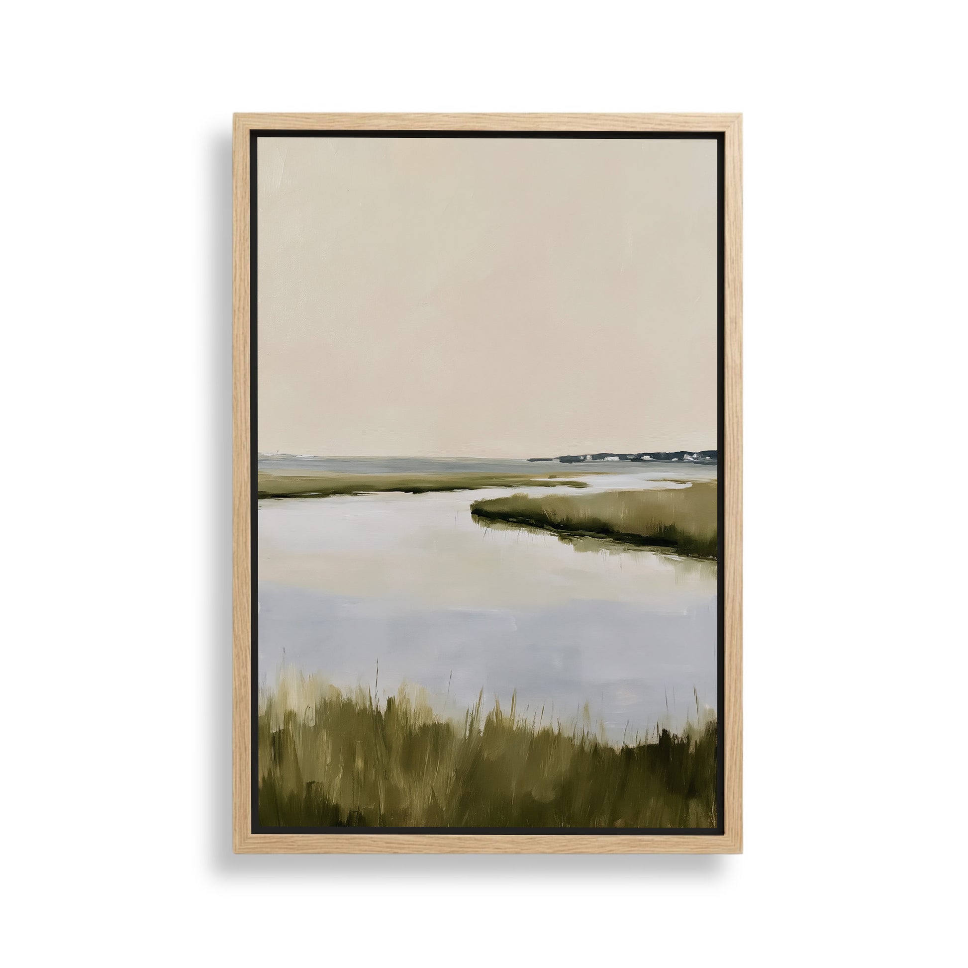 The image is a framed painting depicting a serene landscape with a body of water and lush green vegetation.