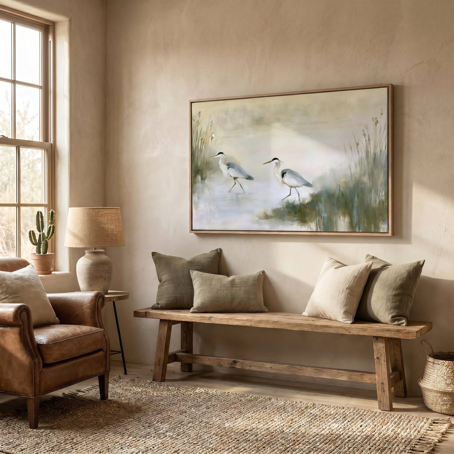 a cozy living room with a large painting of two birds in a pond hanging on the wall. The room features a wooden bench, a leather armchair, and a woven rug, creating a warm and inviting atmosphere.