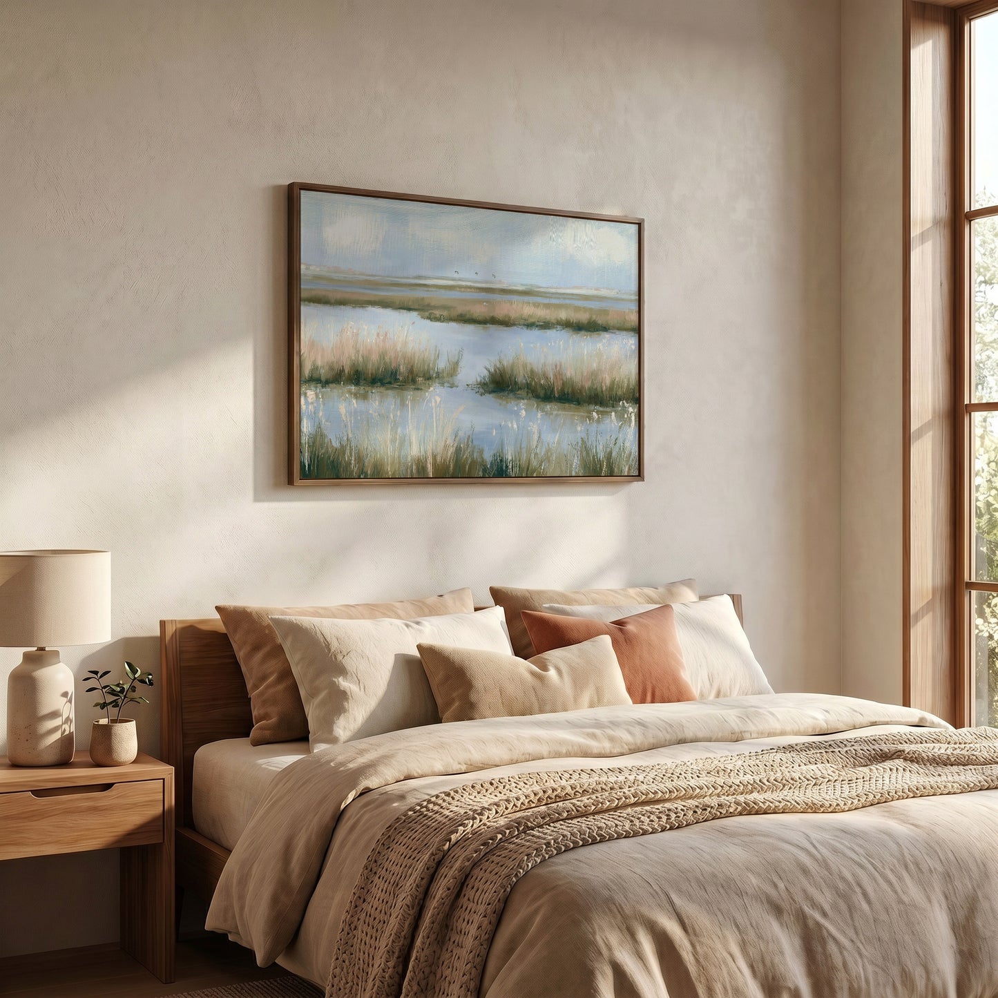 a serene bedroom scene with a large bed adorned with beige bedding and a framed landscape painting hanging above it. The painting features a tranquil scene of a body of water surrounded by grassy vegetation, creating a peaceful and relaxing atmosphere.
