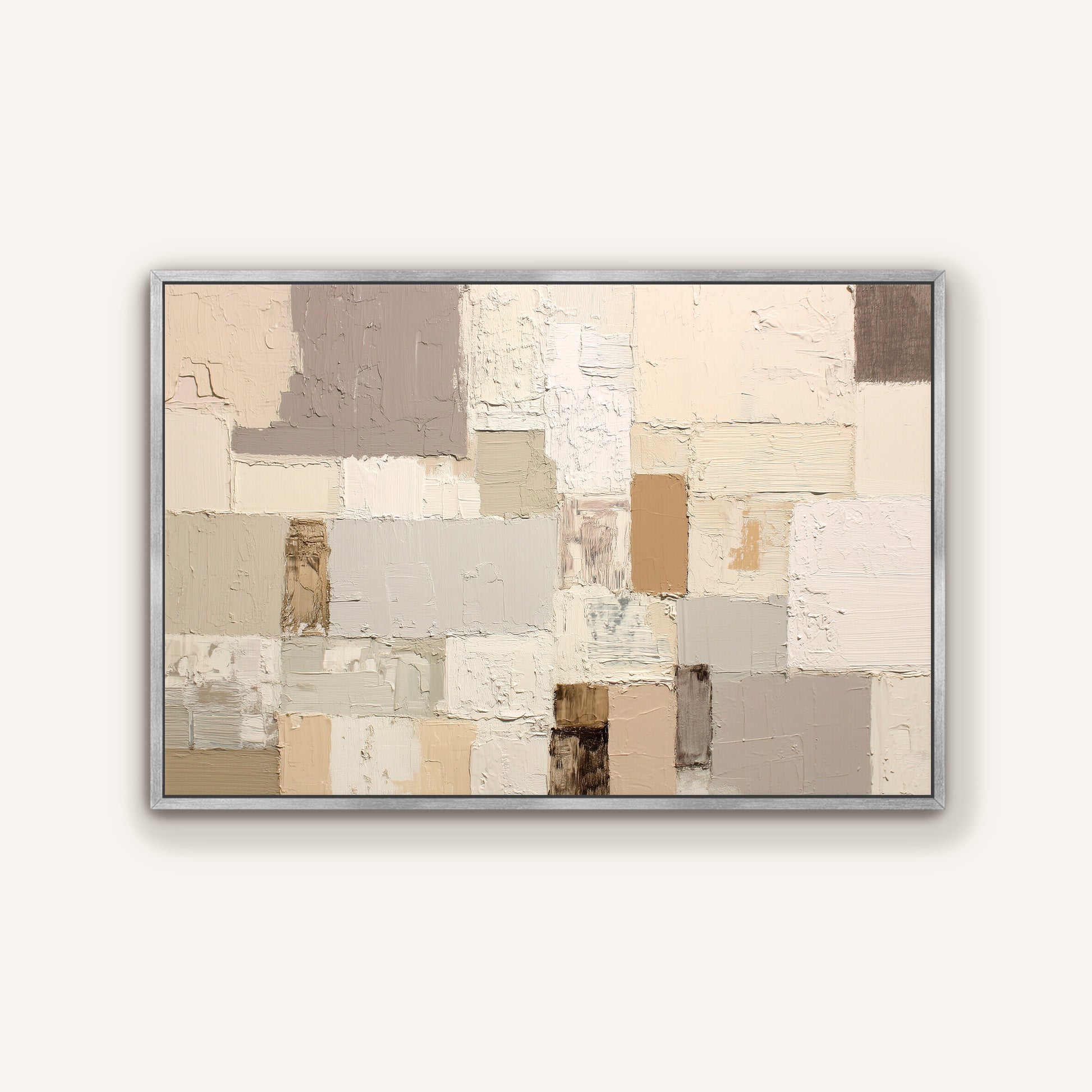 The image is a framed abstract painting with a variety of colors and textures, including shades of beige, gray, and brown.