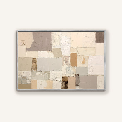 The image is a framed abstract painting with a variety of colors and textures, including shades of beige, gray, and brown.