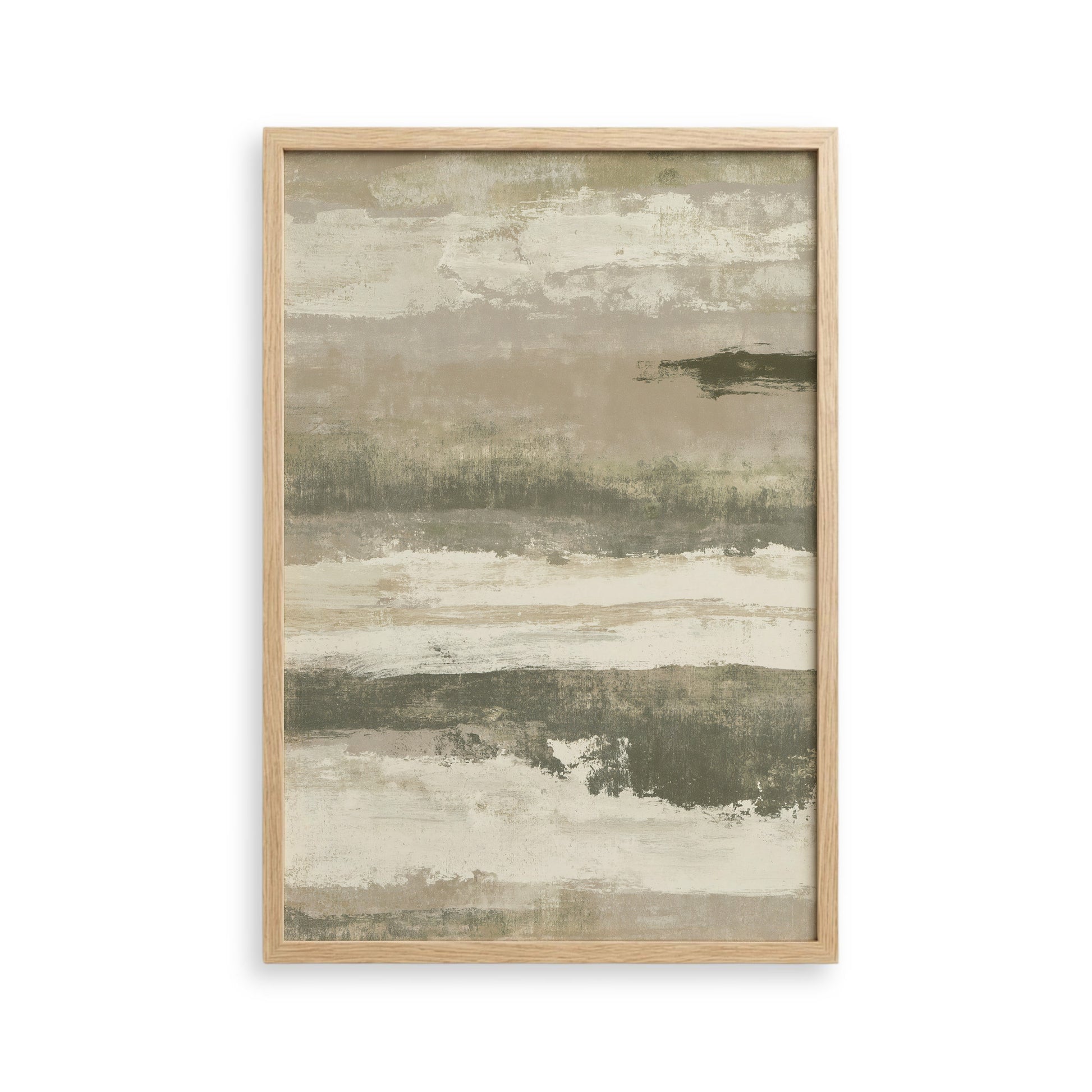 The image is a framed abstract painting with a predominantly gray and white color palette, featuring a landscape-like scene with brushstrokes and splatters.