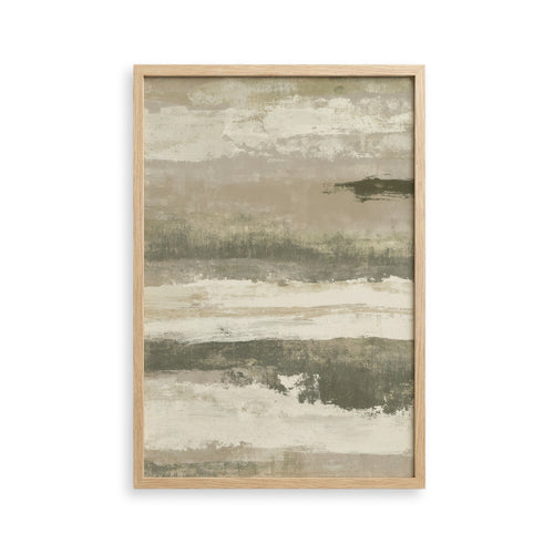 The image is a framed abstract painting with a predominantly gray and white color palette, featuring a landscape-like scene with brushstrokes and splatters.