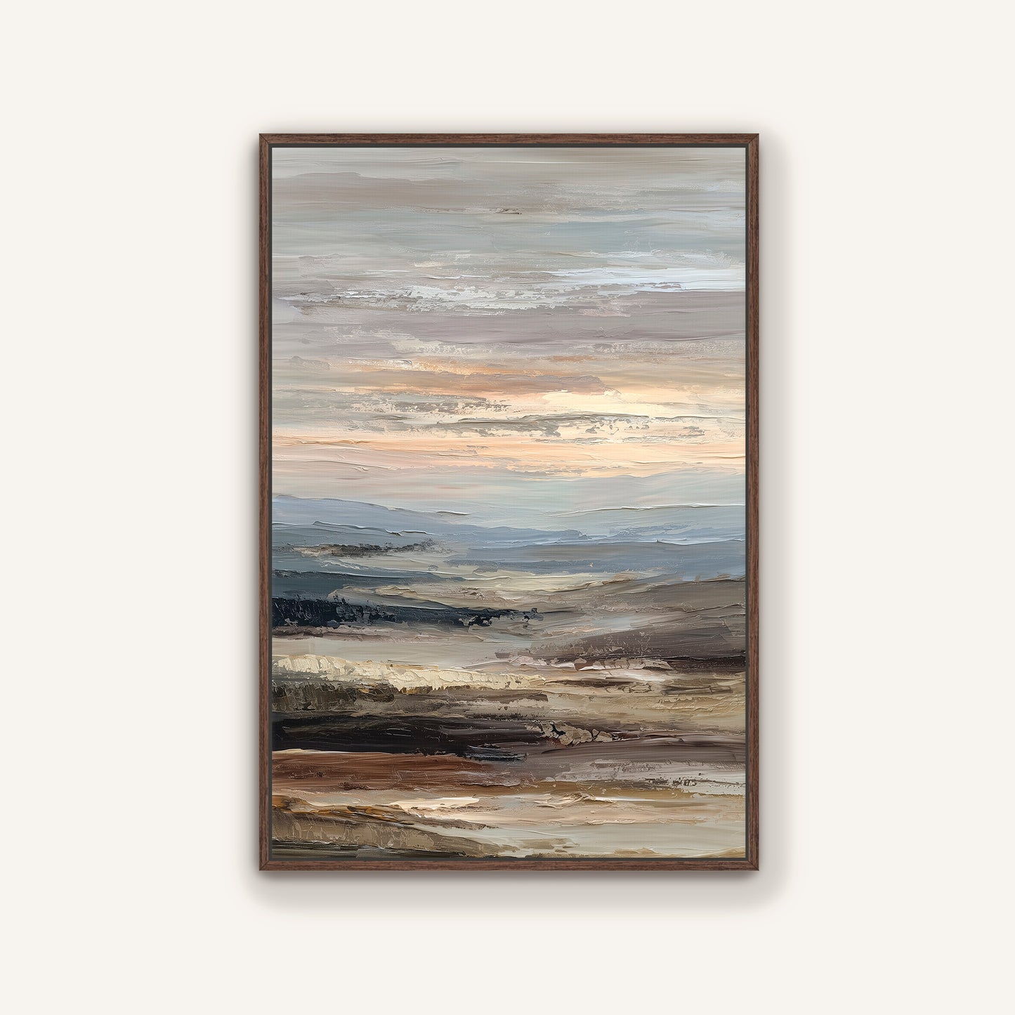 The image is a framed painting depicting a landscape with a cloudy sky and a body of water.