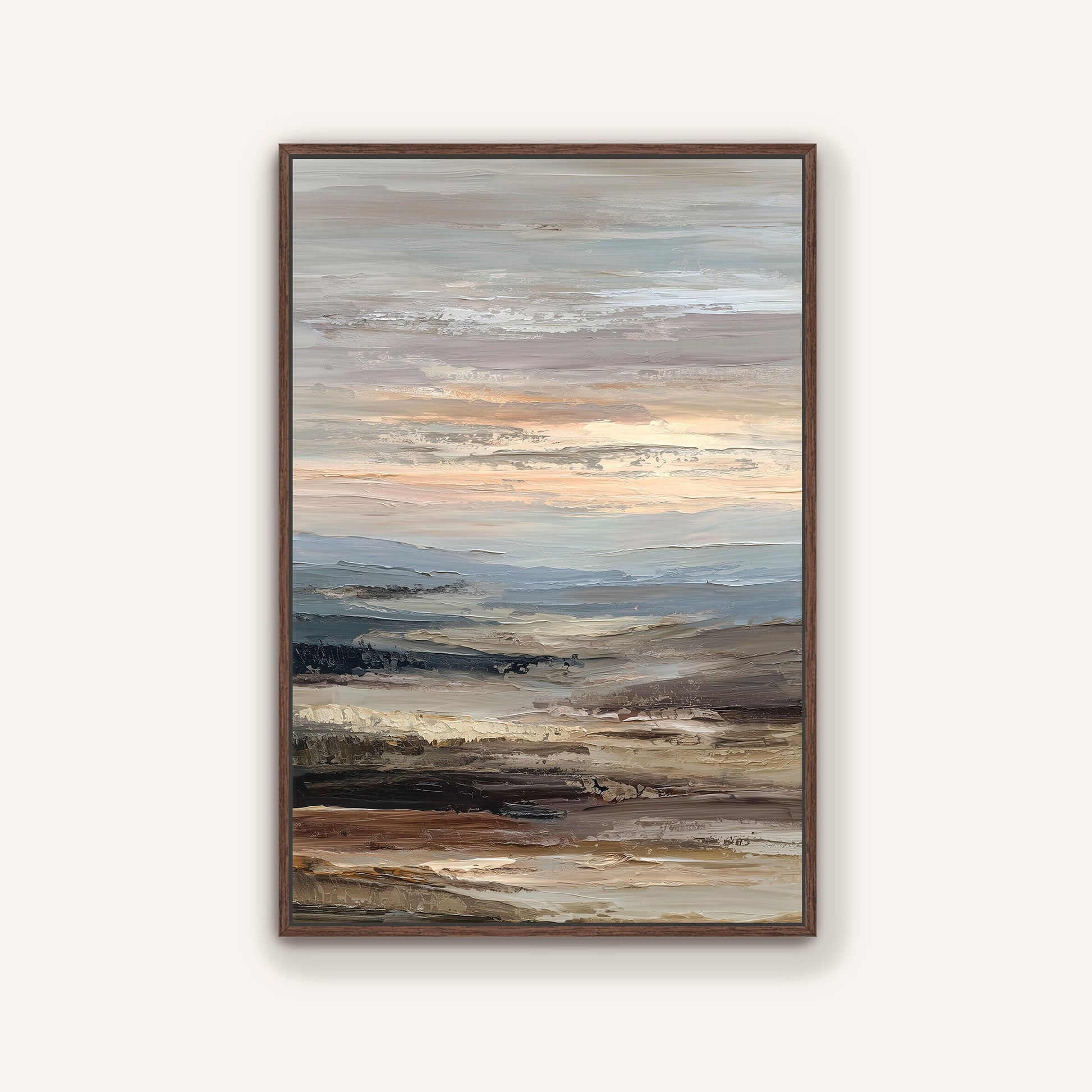 The image is a framed painting depicting a landscape with a cloudy sky and a body of water.