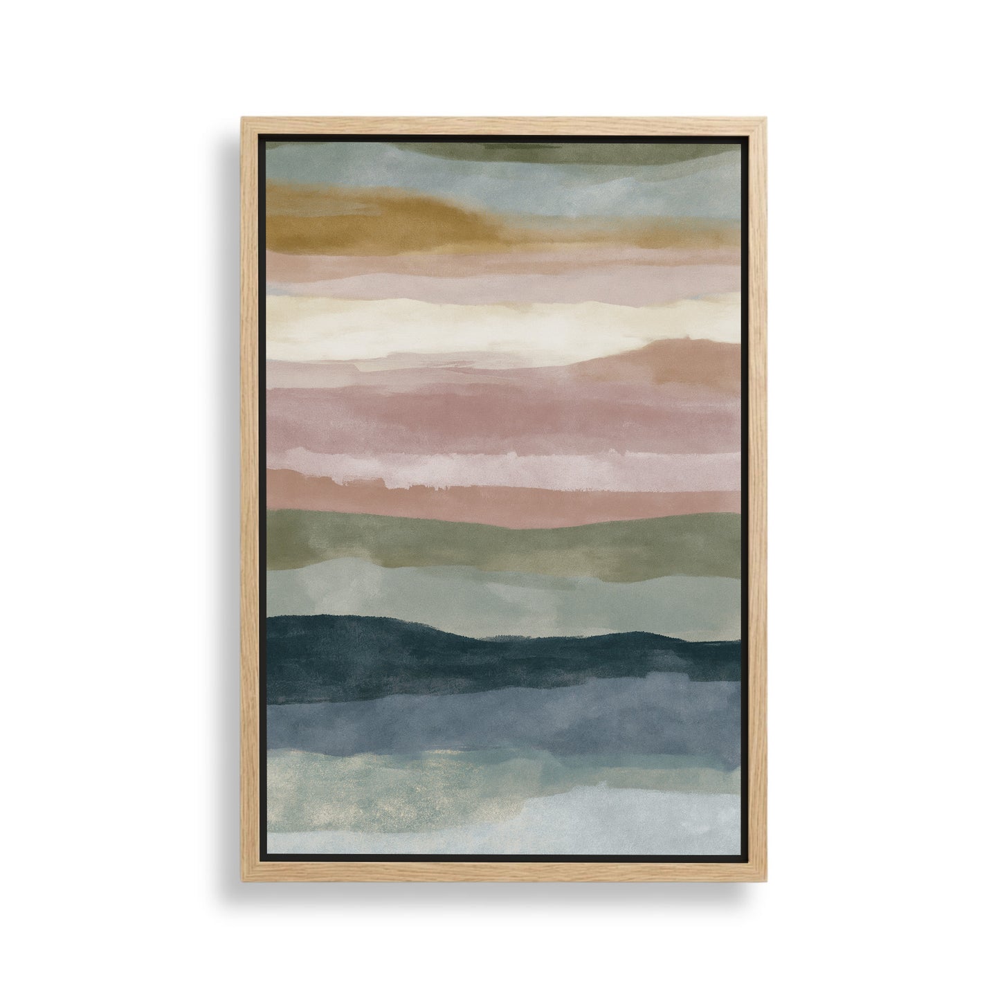The image is a framed abstract painting with a gradient of colors, including shades of green, blue, and pink. The painting is displayed on a white wall.