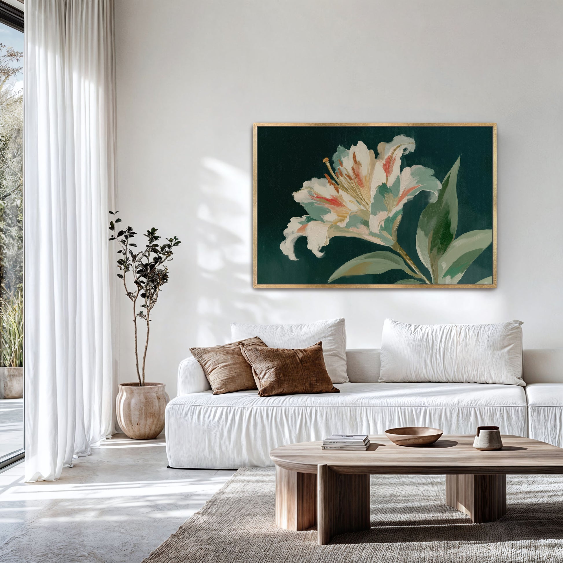 a modern living room with a large white sofa, a wooden coffee table, and a large framed painting of a lily flower hanging on the wall.