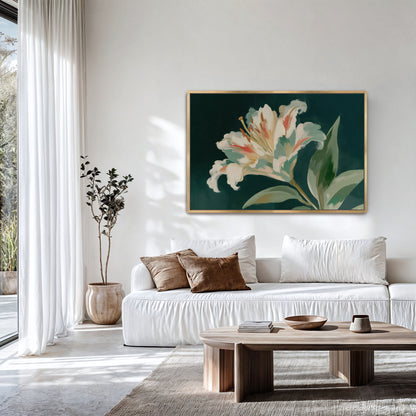 a modern living room with a large white sofa, a wooden coffee table, and a large framed painting of a lily flower hanging on the wall.