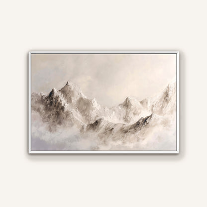 a majestic mountain range with snow-capped peaks, set against a cloudy sky.