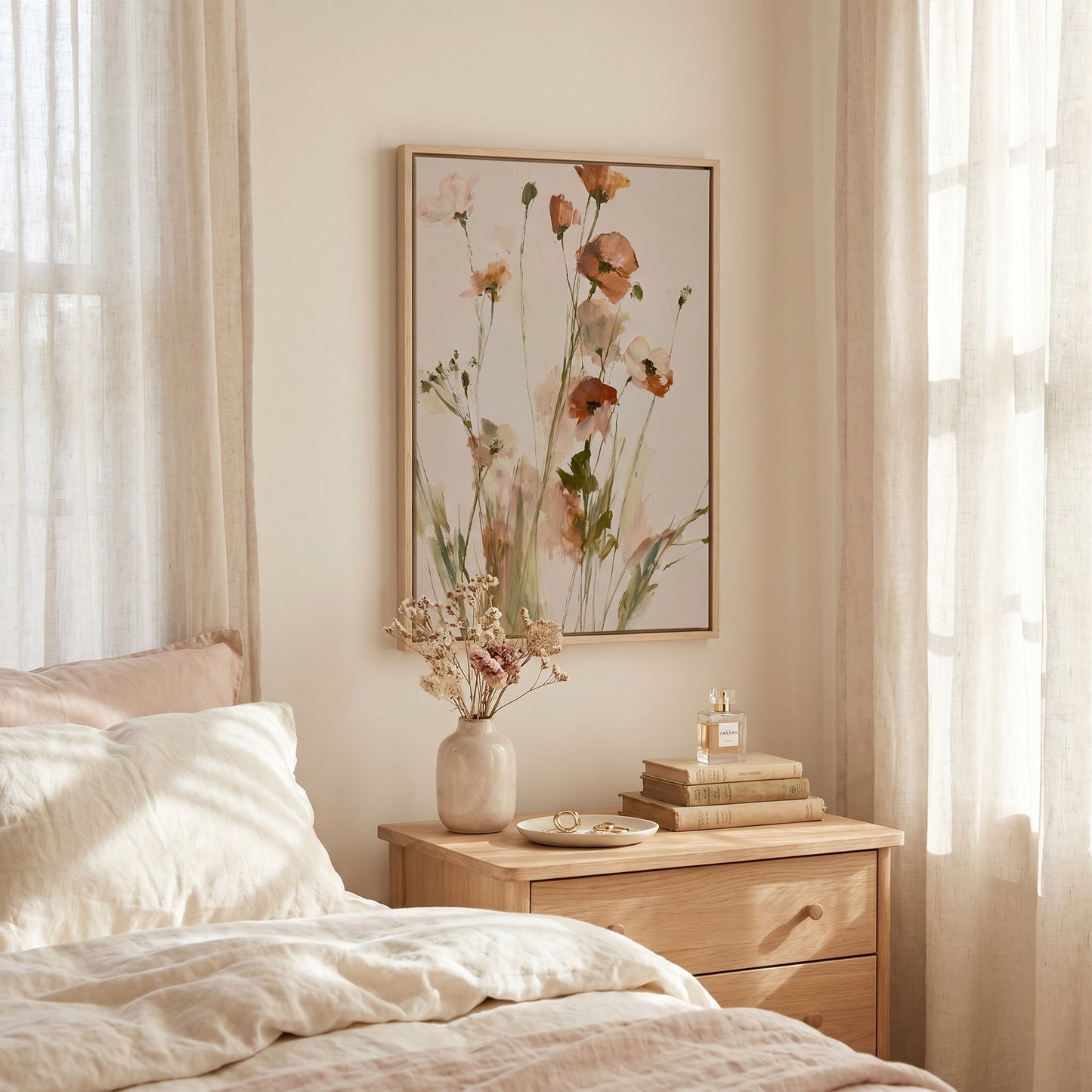 a serene and cozy bedroom scene, featuring a bed with white linens, a wooden nightstand with a vase of flowers and a bottle of perfume, and a framed painting of flowers hanging on the wall above the nightstand.