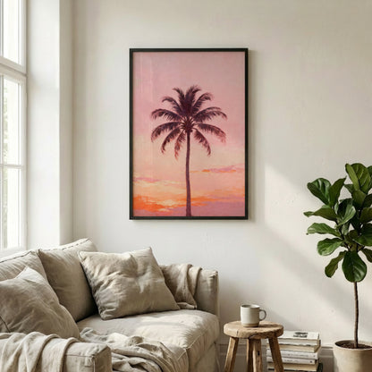 a cozy living room with a large framed picture of a palm tree on the wall, a beige sofa, a wooden stool, and a potted plant.