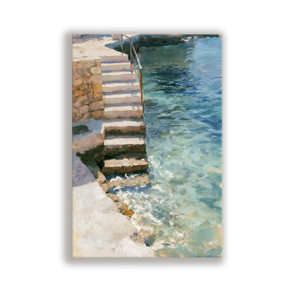 a stone staircase leading down to a body of water, with the water appearing to be a light blue color.