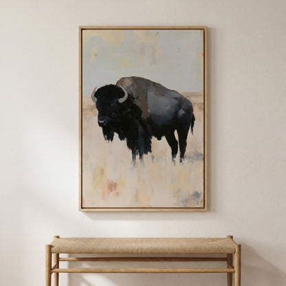 a large painting of a black buffalo standing in a field.