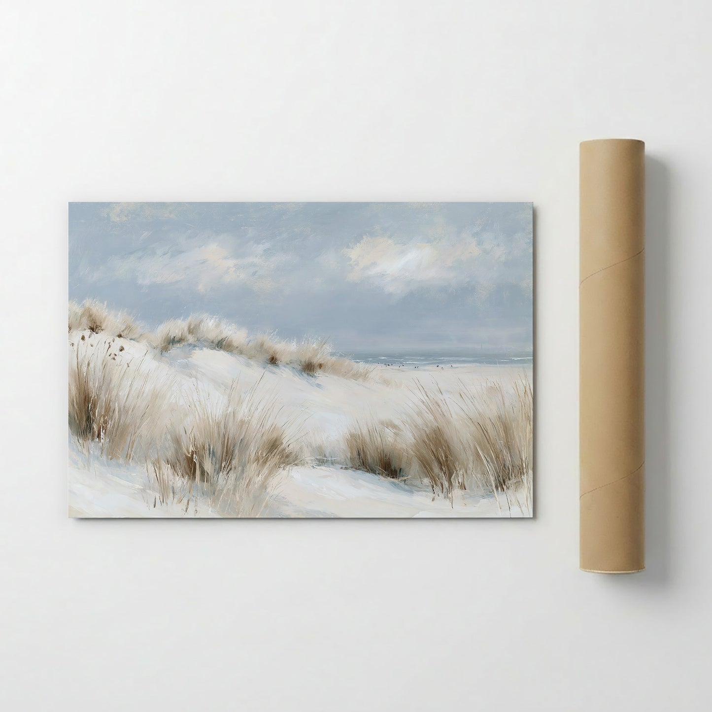 The image is a painting of a snowy landscape with tall grasses in the foreground and a body of water in the background.